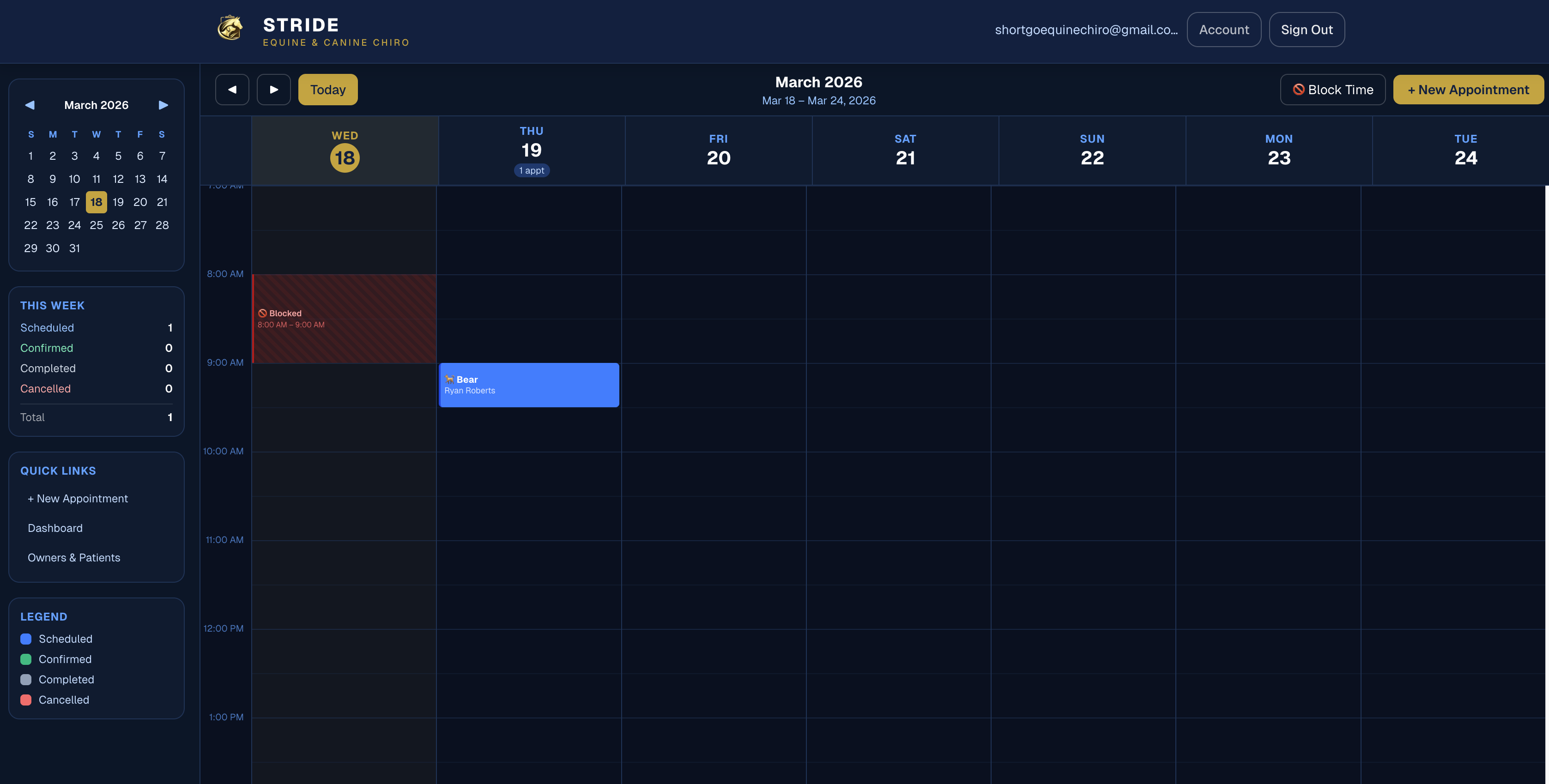 Chiro Stride appointment scheduler with calendar view, booking, and automated reminders